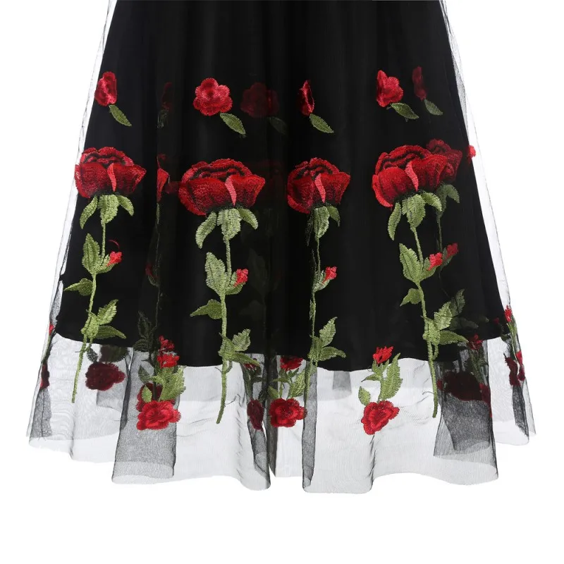 Rose Embroidery Vintage Dress Slash Neck Short Sleeves Wrap High Waist Swing 60s Retro Vestidos Black Mesh Party | Женская одежда
