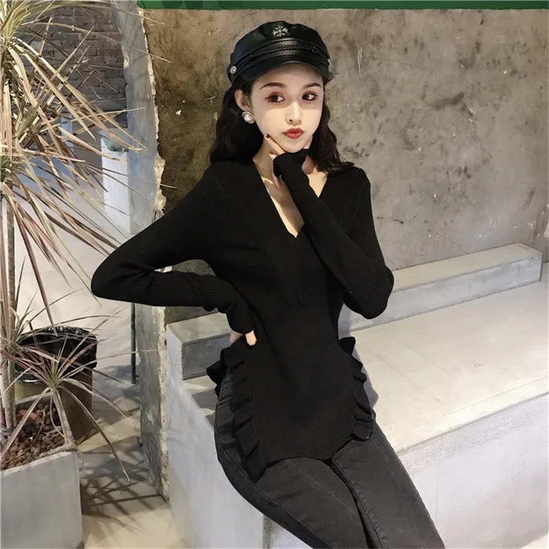 Neploe Ruffles Irregular V-Neck Women Sweater 2020 Spring Autumn Slim Sexy Sueter Mujer Solid Knitted Female Chic Pullover 69523 | Женская