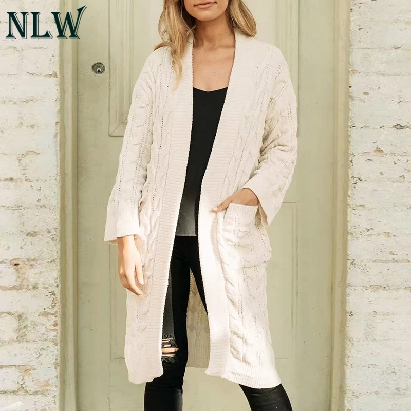 NLW Chenille Wool Long Pink Cardigans Women 2019 Autumn Winter Knitted White Pockets Cardigan Casual Loose High Quality |
