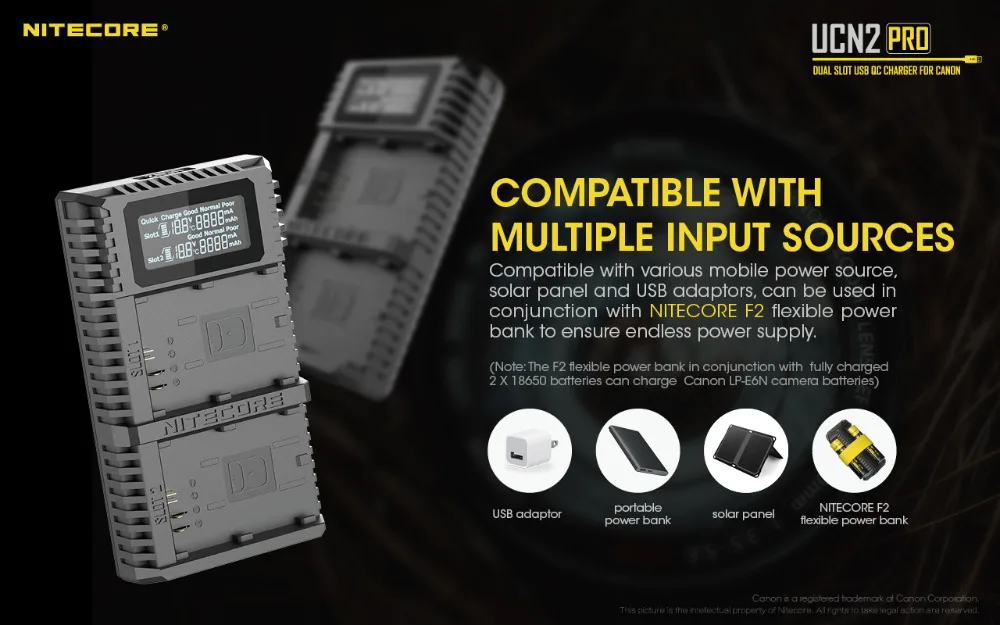 Nitecore UCN2 Pro Двойной слот USB QC камера батарея LP-E6 LP E6 LPE6 зарядное устройство для CANON DSLR EOS 60D 5D3 7D 6D 70D 5D Mark II