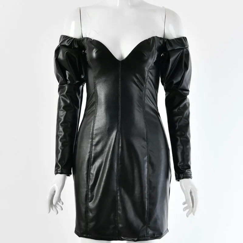 GACVGA 2019 PU Leather Autumn Dress Women Strapless Sexy Club Party Dresses Long Sleeve Mini Bodycon Vestidos | Женская одежда