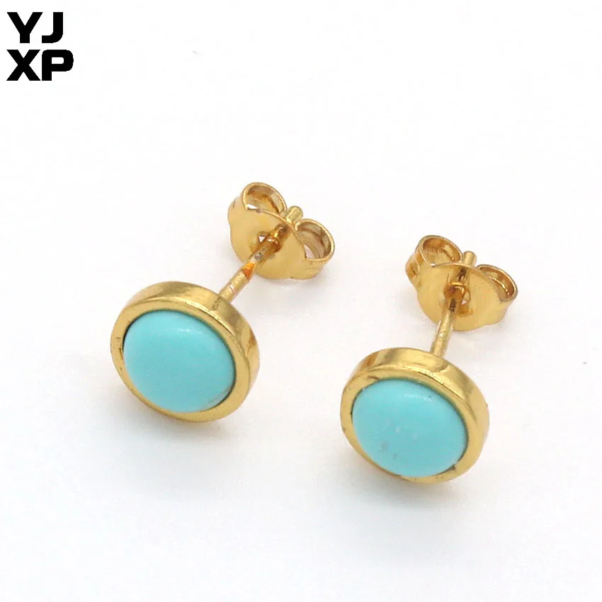 Green Turquoises YJXP Мода золотистый цвет, Круглый в форме аметисты розовый кварц черные Агаты камень «тигровый глаз» серьги стержня для Для женщин ювелирные изделия - Окраска металла: Green Turquoises