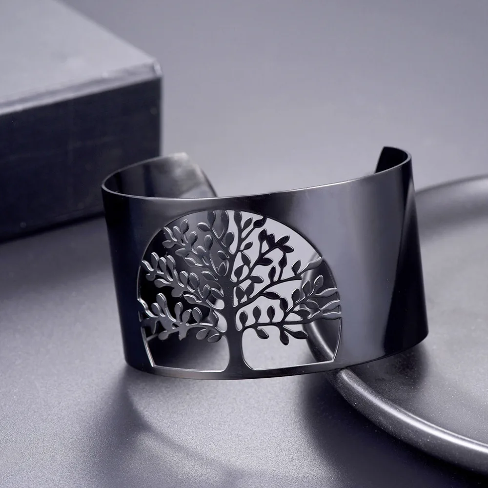 

Kpop Tree of Life Bangle Vintage Boho Gypsy Jewelry Stainless Steel Gold Open Wide Bangle Bracelet for Women