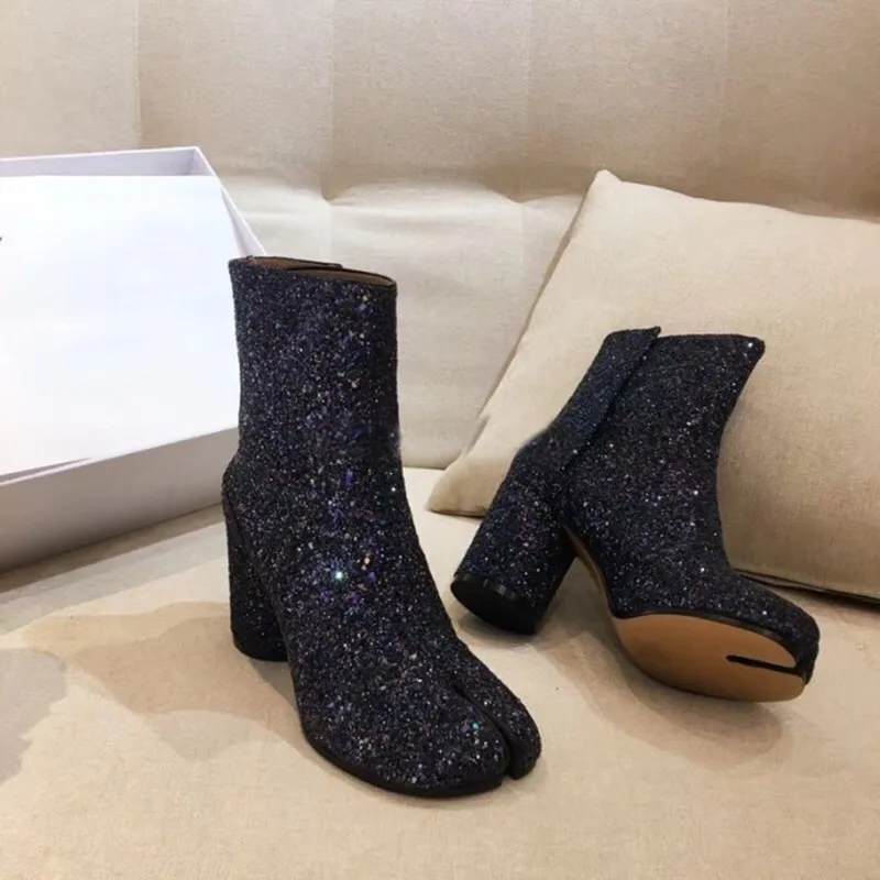 bling Sequins black Luchfive/светоотражающие женские ботинки из лакированной кожи с блестящим лазерным носком; модные водонепроницаемые ботильоны на высоком толстом каблуке - Цвет: bling Sequins black