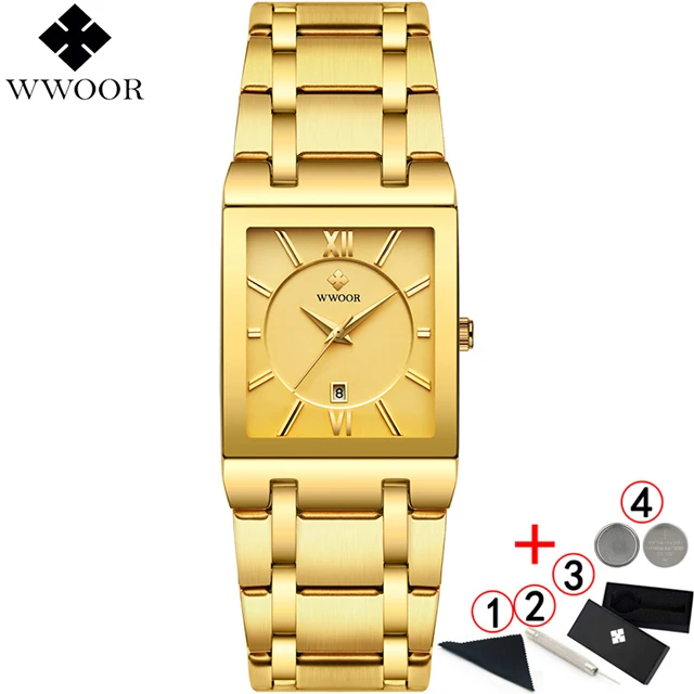 full gold box WWOOR мужские часы Топ бренд класса люкс Золотые Квадратные аналоговые кварцевые часы мужские водонепроницаемые золотые мужские наручные часы - Цвет: full gold box