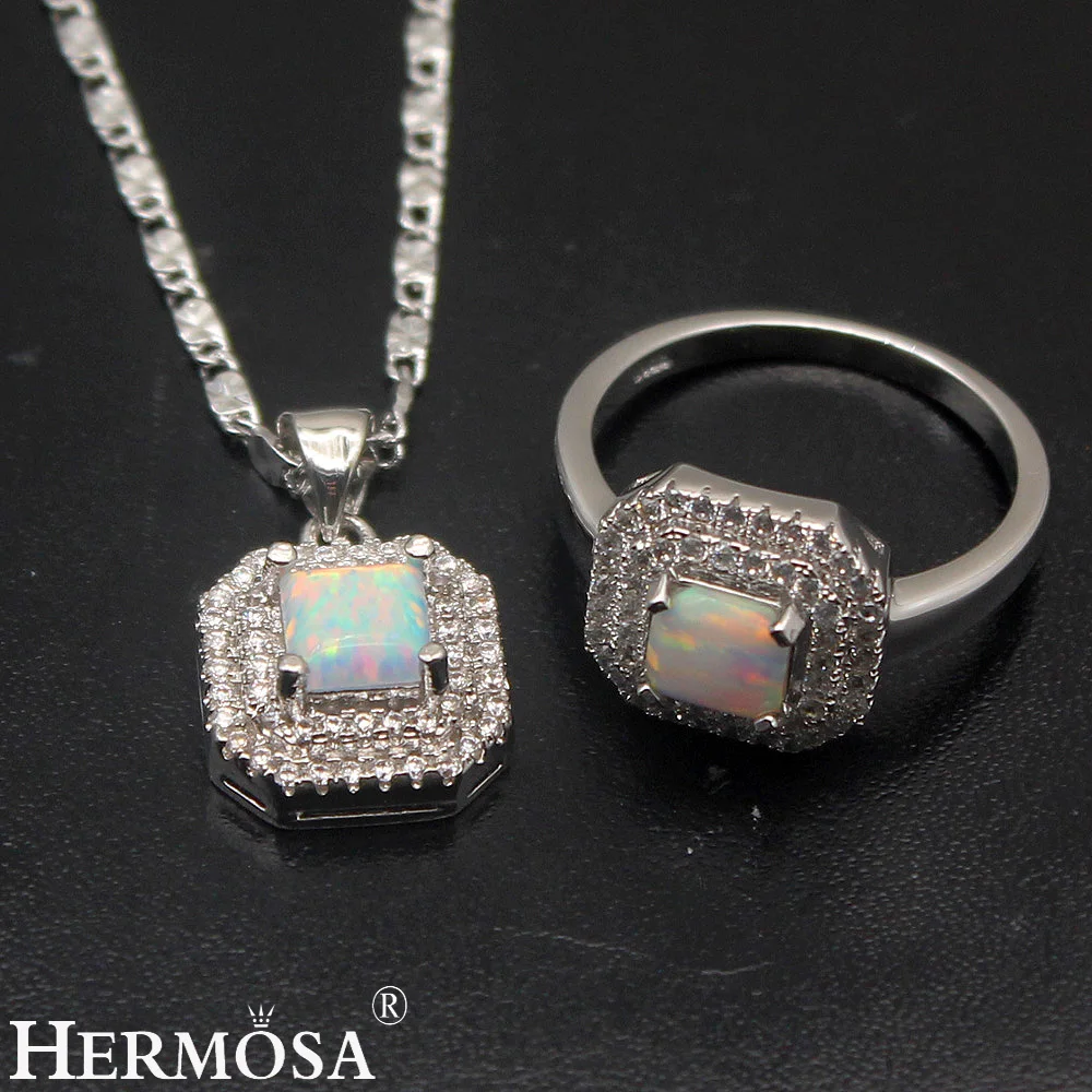 

Hermosa White Fire Australian Opal Silver Color Pendant Necklace Ring Sets 7.5# Pretty Women Wedding Jewelry Lovely Gift