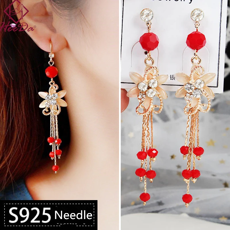 Корейские Изящные женские аксессуары для ушей с длинными цветами искусственными