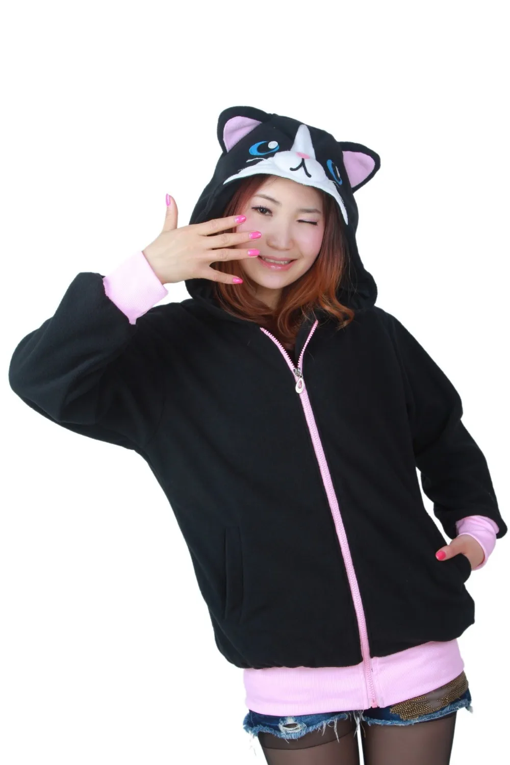 Cartoon Black Cat Sweatshirts Long sleeve with zipper hat Cosplay Costume Men Women Hoodies Animal | Женская одежда
