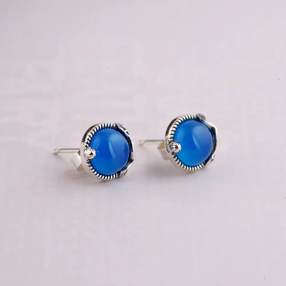 Женские серьги гвоздики из серебра 925 пробы с голубым халцедоном|silver stud earrings|925