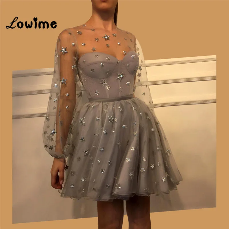 Серый Vestidos De Graduacion Formatura выпускное платье короткие платья для выпускного вечера vestido de festa с длинным рукавом Женские вечерние платья - Цвет: Серый