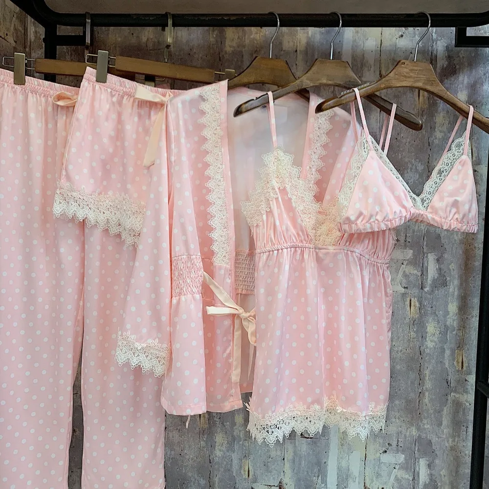 Для женщин пижамы 5 шт. атлас Pijama Шелковый Домашняя одежда домашняя вышивка сна Lounge комплект