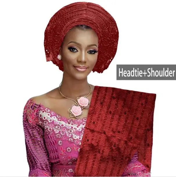Wine Colour Различные цвета Африканский Авто геле головной убор для женщин aso oke головные уборы бисером африканский геле с плечом хорошее качество - Цвет: Wine Colour