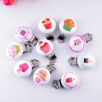 10pcs baby pacifier clips mixed pattern cake white wood metal holders cute infant soother clasps funny accessories 4 4x2 9cm