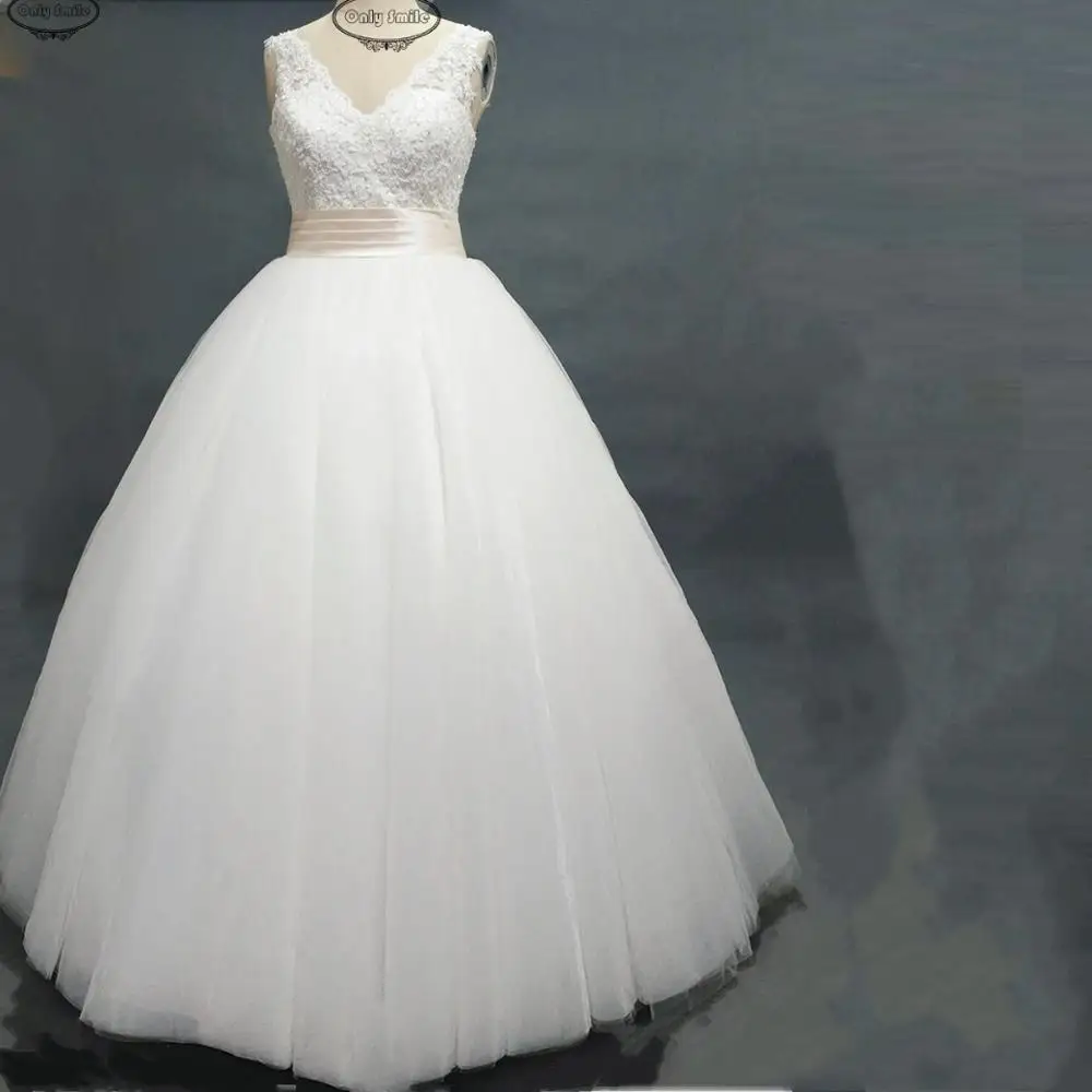

OnlySmile Ball Gowns floor length V-neck Champagne sash Tulle Wedding Dresses 2019 with Pearls Bridal Dress Plus Size