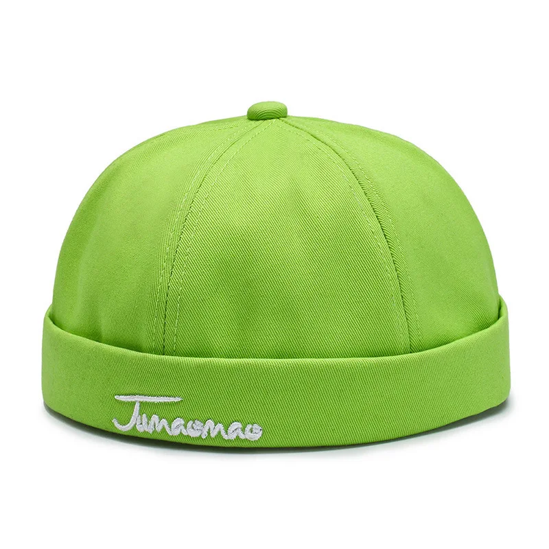 green Кепка с черепом, шапка без полей, унисекс, Кепка с черепом, Кепка с манжетами, винтажная шапочка, однотонная шапка с вышитыми буквами, хлопковая короткая шапочка, крышка ремня - Цвет: green