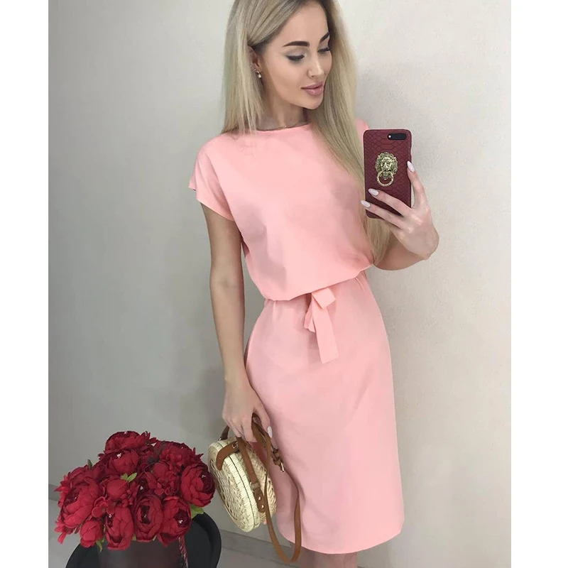 Women Vintage Sashes A-line Party Dress Short Sleeve O neck Solid Elegant Knee Length 2019 Summer New Fashion | Женская одежда