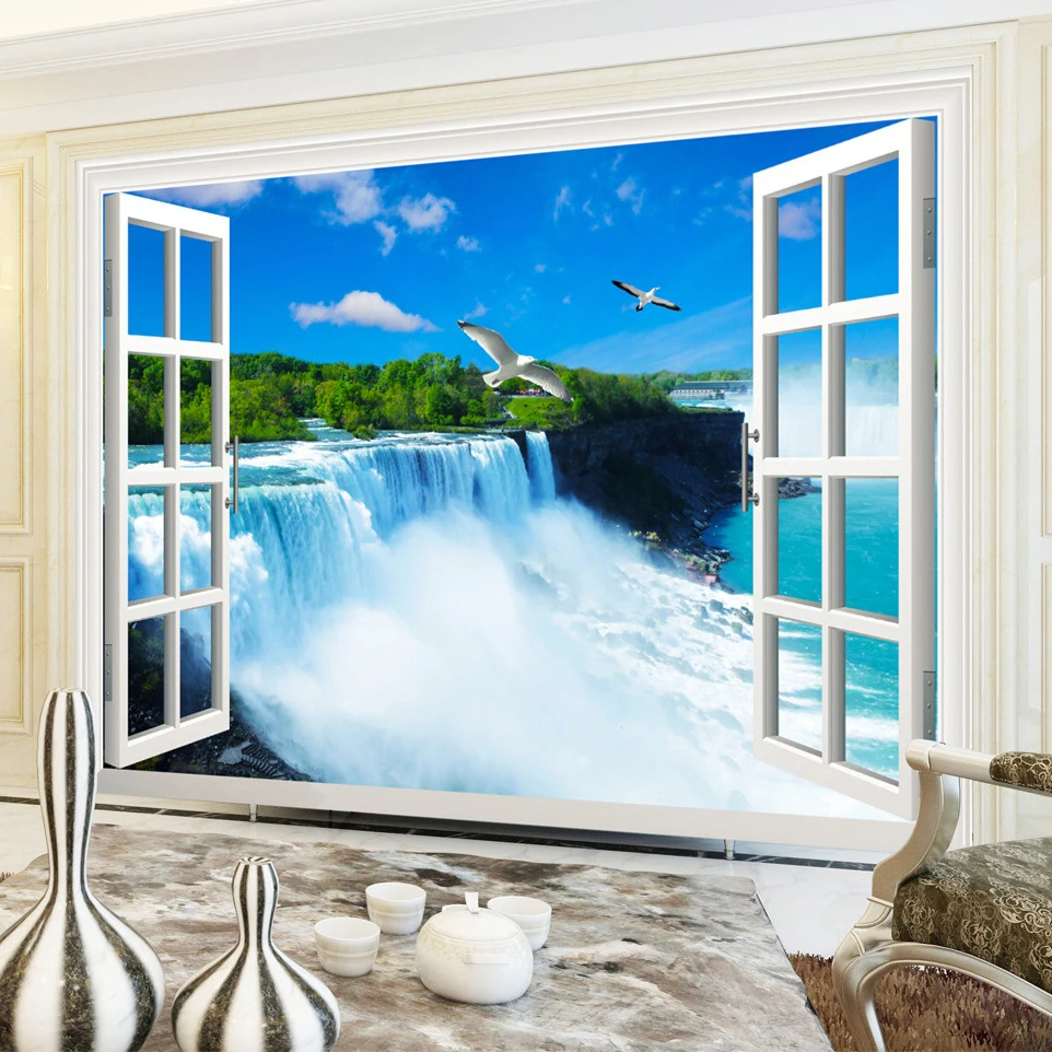 Фотообои на заказ 3D стереоскопическое окно водопад гостиная спальня фон