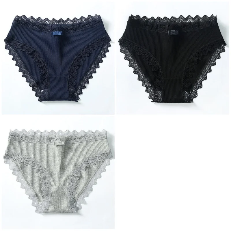 Black navyblue gray 3 шт., трусы для женщин, хлопковое кружевное сексуальное нижнее белье, женское повседневное нижнее белье, трусы для девушек, мягкие женские трусы, интимное белье - Цвет: Black navyblue gray