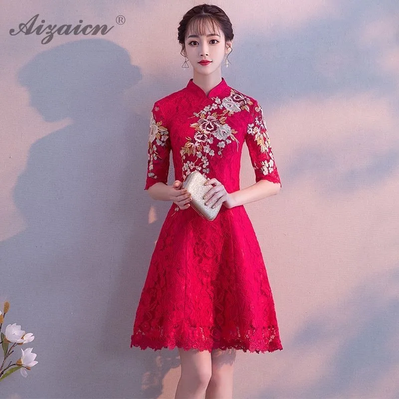 Восточные Невеста кружевное платье Cheongsam красное короткое Qipao Женская китайские