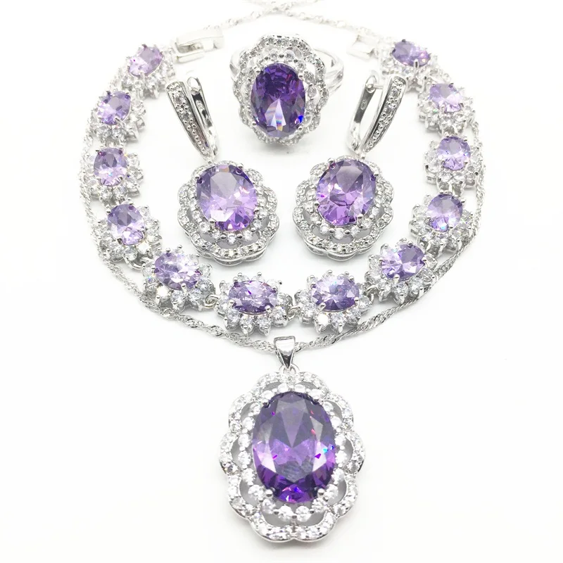 925 Silver Bridal Jewelry Purple Zircon Sets For Women Wedding Earrings/Pendant/Necklace/Rings/Bracelet | Украшения и аксессуары