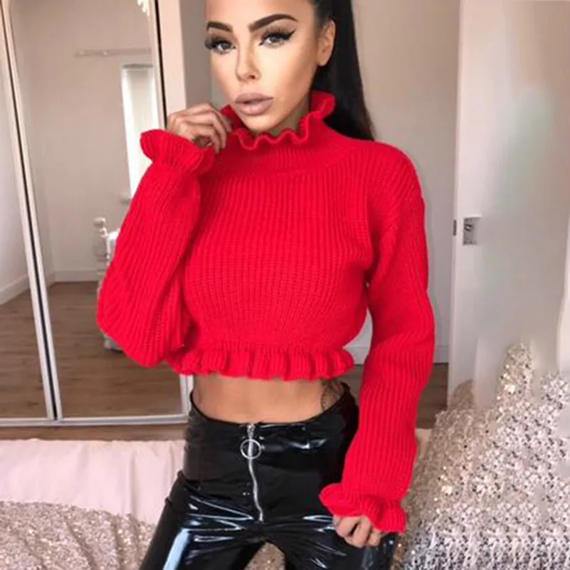 MUXU red sweater Autumn Clothes Knitting Long Sleeve fashion ruffle woman clothes streetwear short tunic sueteres mujer de moda | Женская