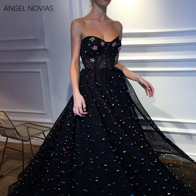 

ANGEL NOVIAS Long Black Arabic Evening Dress 2020 with Colorful Pearls Dubai Formal Evening Gowns Dress Vestido Formatura Longo