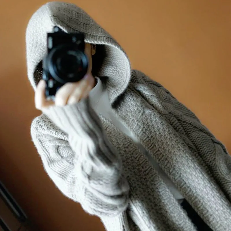 New Women Autumn Hooded Split Slim Cardigan Long Sleeve Loose Asymmetric Batwing Pocket Thicken Sweaters |
