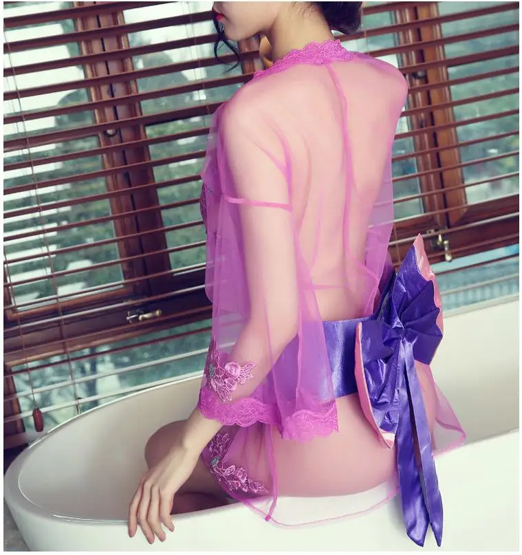 Women Lady Sexy Pajamas Sleeping Dress Transparent Temptation Cardigan Belt Perspective Purple | Женская одежда