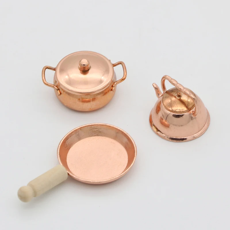 3pcs/Set 1:12 Scale Dollhouse Miniature Bronze Frying Pan Cooking Pot Kettle Cookware Kitchen Kit Dolls Accessories | Игрушки и хобби