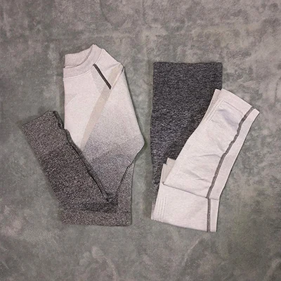 gray white Женский комплект для йоги, одежда для спортзала, Омбре, бесшовные леггинсы+ укороченные рубашки, спортивный костюм для тренировок, Женский комплект с длинным рукавом для фитнеса, одежда для активного отдыха - Цвет: gray white