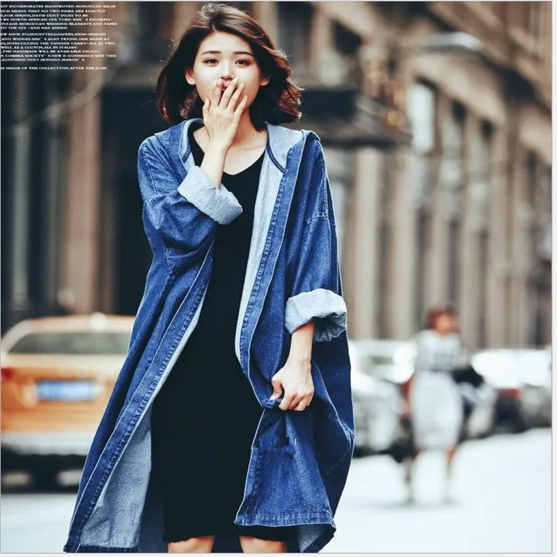 Женский джинсовый плащ-Тренч с капюшоном повседневный свободный Джинсовый плащ