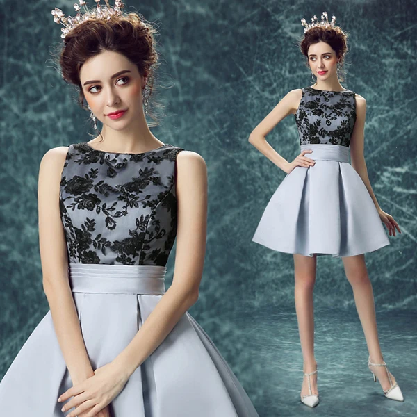 Бесплатная доставка черное кружево и серый сатин короткий / мини девушки молодой