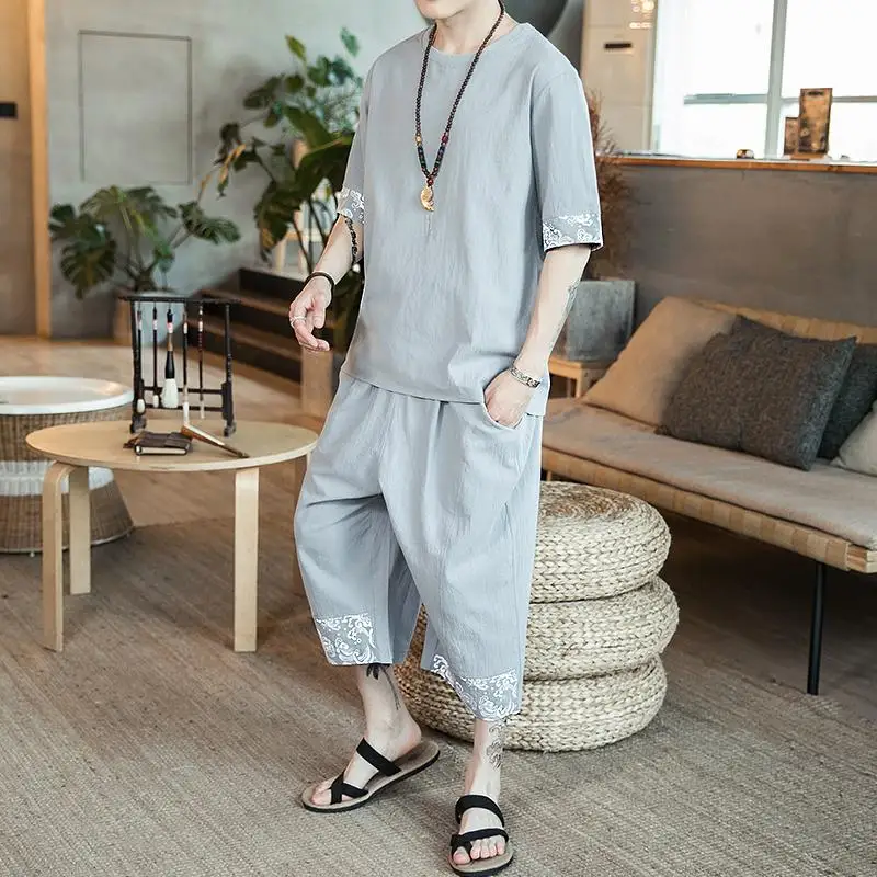 Плюс размер 5XL 4XL хип хоп Уличная одежда спортивный костюм для мужчин вырез лодочкой летняя футболка+ укороченные брюки Модный комплект из двух предметов Лето XXXXXL - Цвет: Grey Tracksuit
