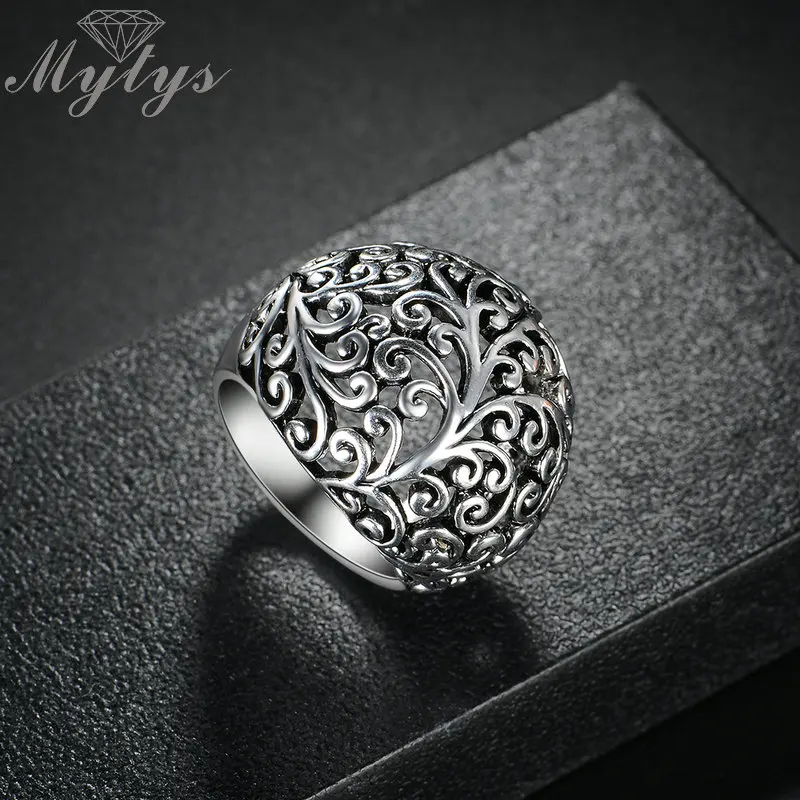 Mytys Винтажное кольцо в ретро стиле серое круглой формы с узором растений