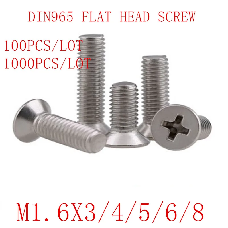 100-1000 шт M1.6 * 4/5/6/8/10/12/16 DIN965 GB819 304 нержавеющая сталь M1.4 плоская головка потайная Phillips