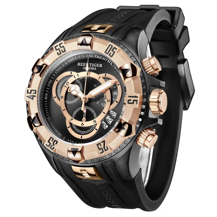 Reef Tiger Aurora Serier RGA303-2 мужские спортивные большие часы водонепроницаемые кварцевые наручные часы с хронографом большой циферблат-розовое золото
