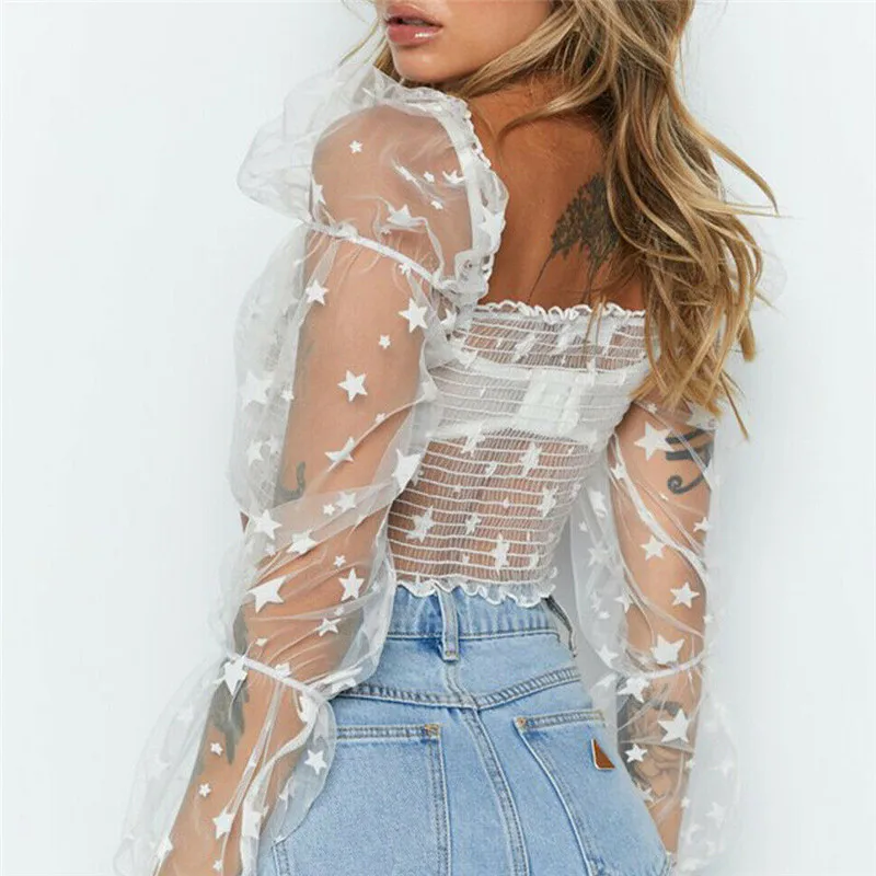 

Summer Sheer mesh tops Fashion Women See-through transparent Blouse Beach sexy Long sleeve Dot print Strapless Vintage Crop top
