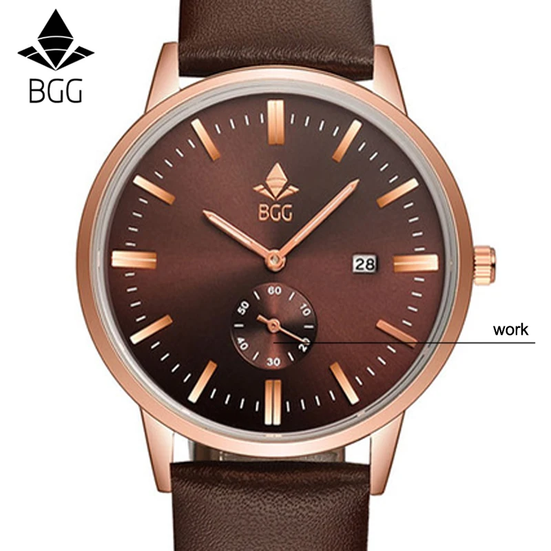 Роскошные BGG Марка Бизнес повседневные мужские часы кожаный ремешок Розовое