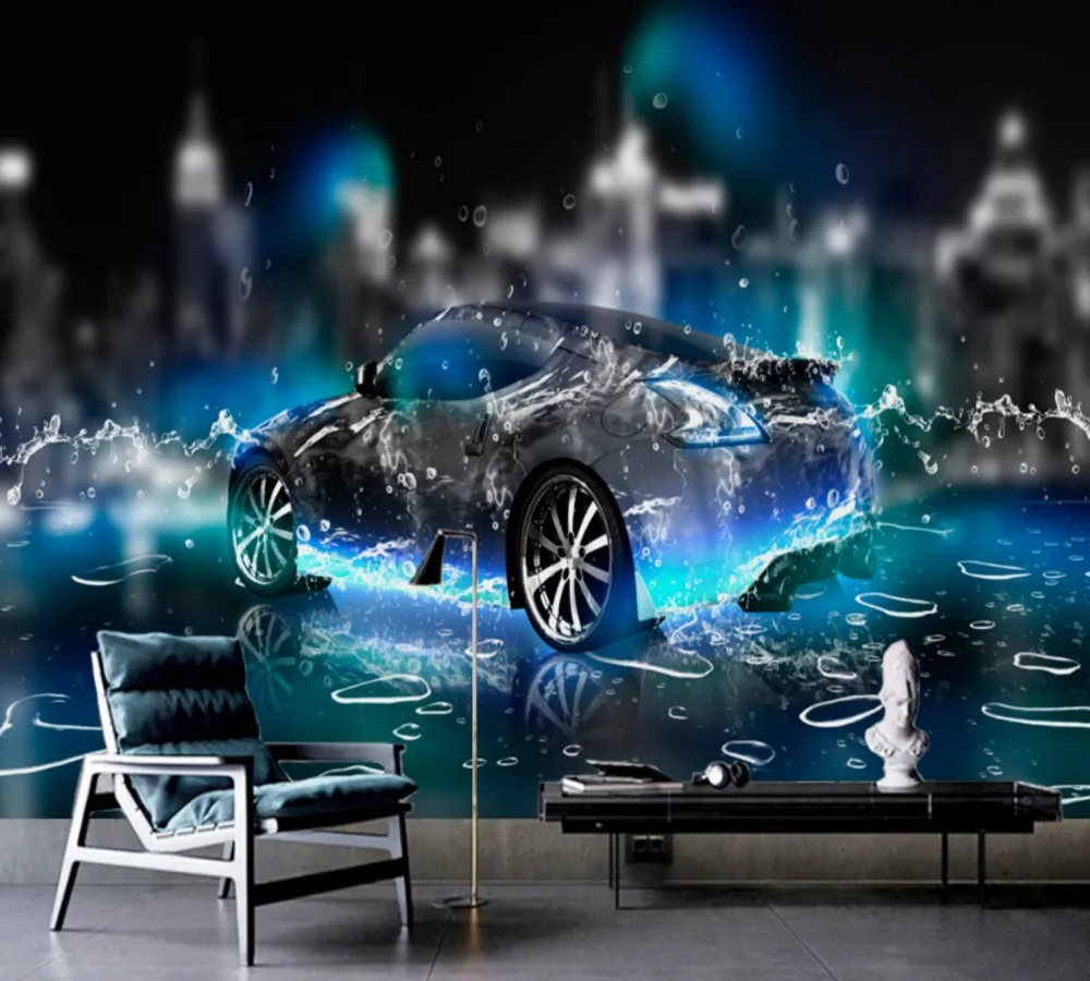 

Free Shipping 3D Custom Wallpaper Stereo Water Sports Car Dream Decorative Wall Cool Living Room Mural Car Showroom Wallpaper