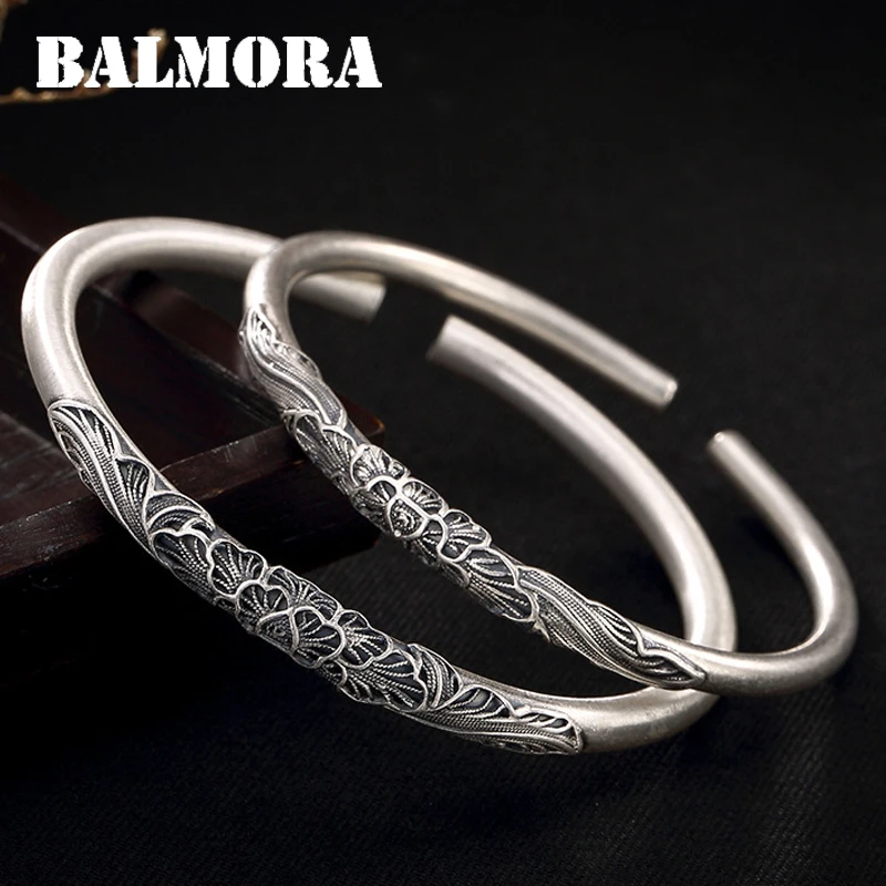 BALMORA 999 чистый серебряный Пион цветок матовый Открытый браслет для женщин около 17