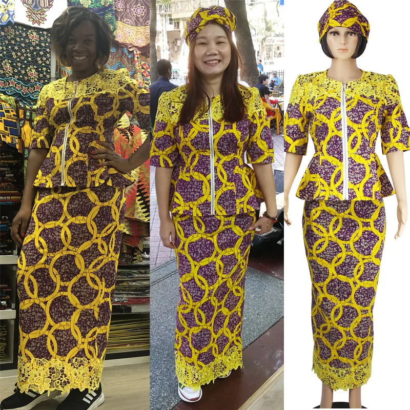 

Новинка 2019 г., стильное Африканское вощеное платье для женщин, красивые гипюровые кружевные лоскутные топы и юбки из вощеного хлопка с принт...