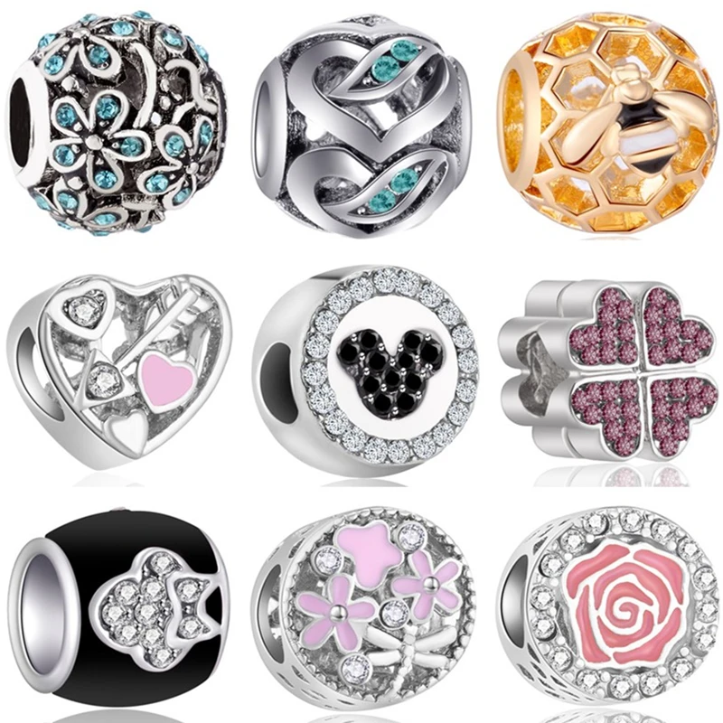 Btuamb New Fashion Crystal Enamel Chili Crab Wing Flower Mickey Bead Fit Pandora Charms for Women Valentine's Gift DIY Jewelry |