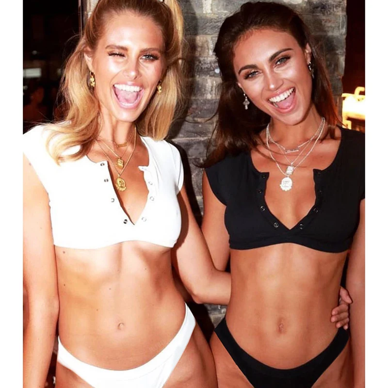 Bikini Set Women Top Button Sexy Swimsuits Black White yellow Solid Swimwear Female Bathing Suits Brazilian bikinis mujer