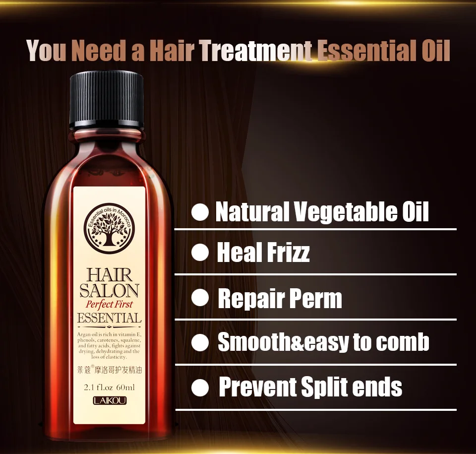 [60ml] Brand laikou Moroccan hair care essential oil, repair damaged split hair ends,dryness,dullness,unkempt,dandruff,hair perm