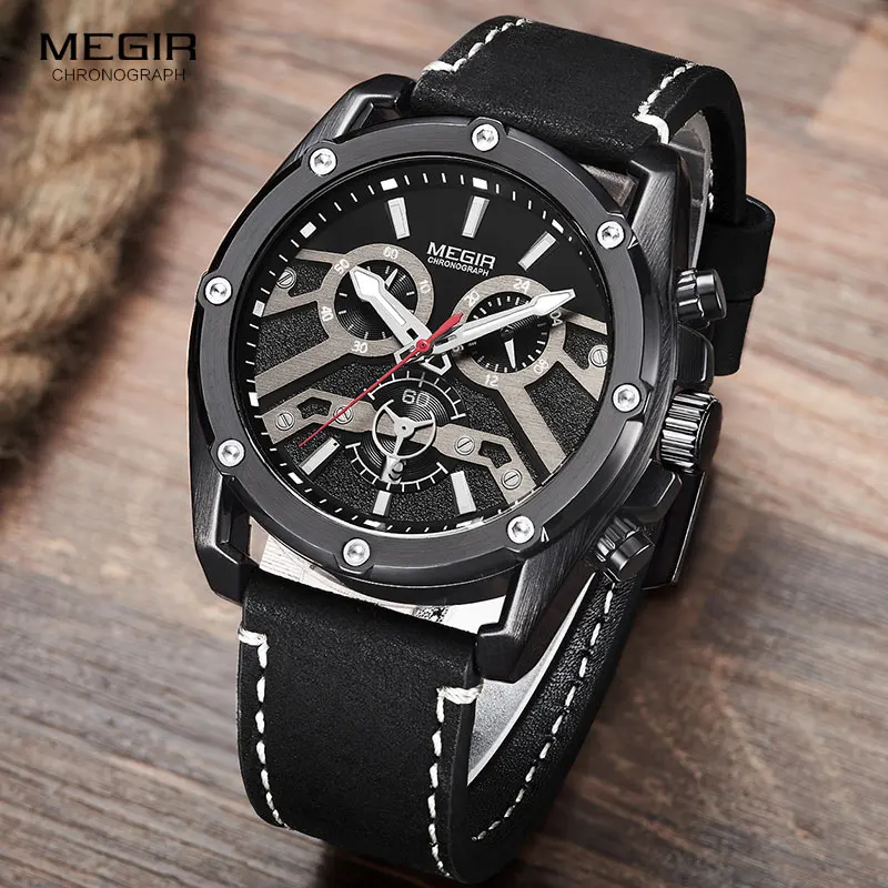 MEGIR спортивные кварцевые часы для мужчин кожаный ремешок военный хронограф