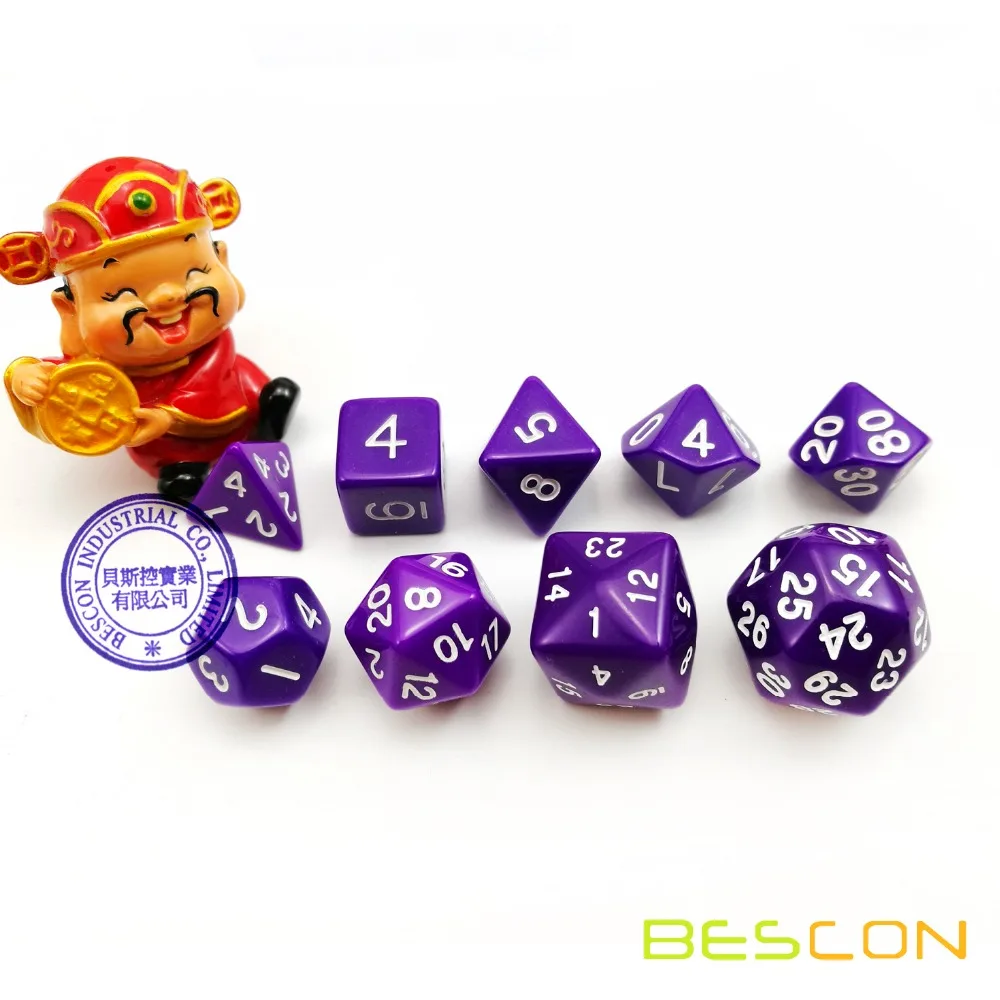

BESCON набор из 9 многогранных кубиков (9 кубиков в наборе)-ролевые игры в кости (RPG Dice)D4-D30 непрозрачный фиолетовый