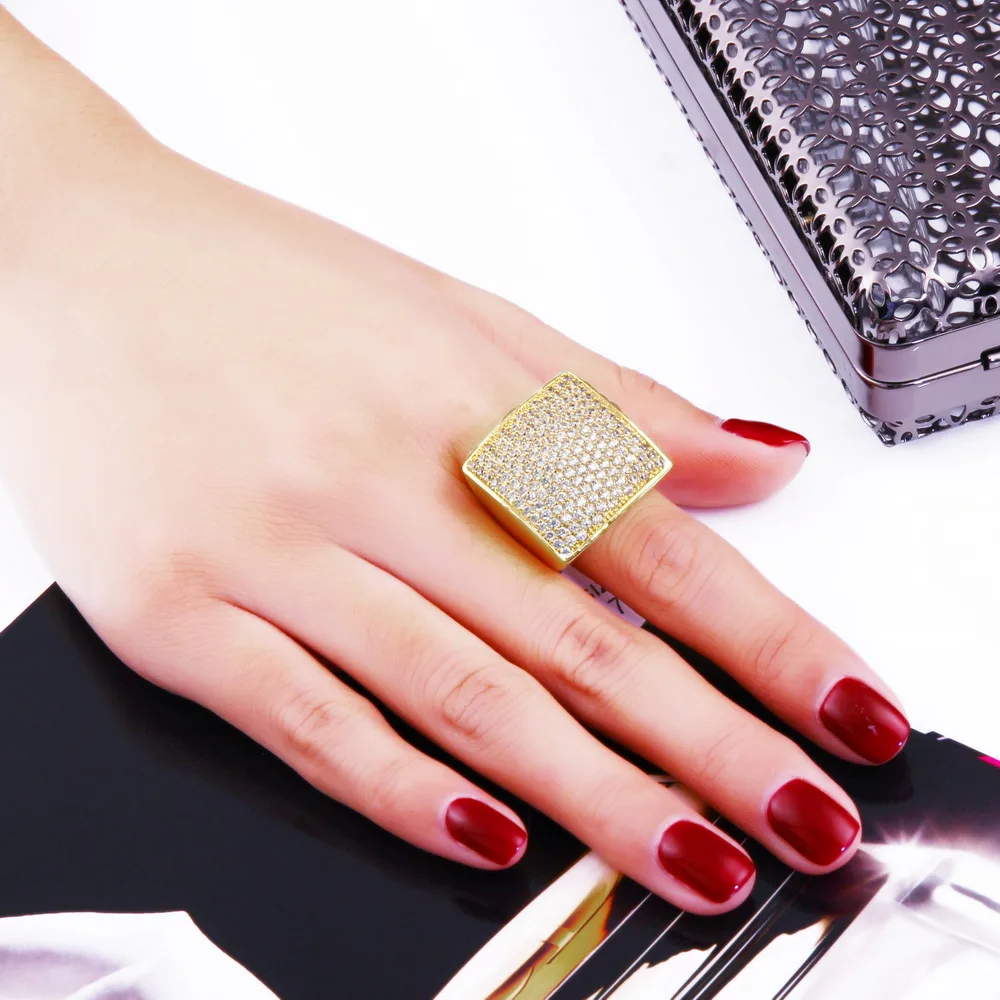 Fashion Geometric design Square shape Big jewelry Zircon stones High Quality Women Trendy Style Wedding Accessory Chunky ring | Украшения и