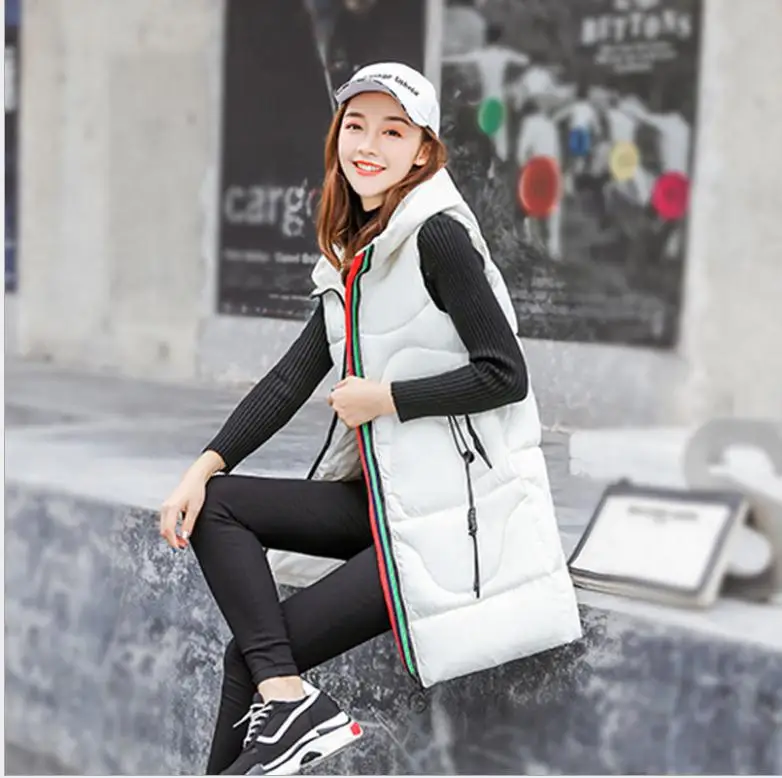 beige white Новая мода осень зима женский жилет средней длины Теплый жилет без рукавов приталенного размера плюс 3XL зимний женский жилет Q1044 - Цвет: beige white