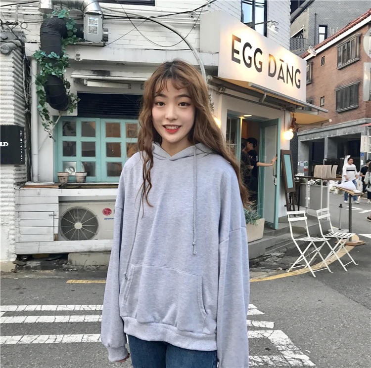 Jielur 7 сплошной цвет с капюшоном тонкая новинка Kpop толстовка женская шикарная Harajuku Толстовка Базовая черная розовая свободная уличная одежда Sudadera Mujer