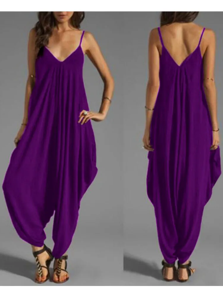 

Women Sexy Sleeveless Jumpsuits Summer Solid Loose bodysuits Rompers Casual bench Playsuit Low-cut V-neck sling blue/black